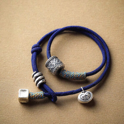 Handmade Tibetan Om Mani Padme Hum Carved Auspicious Amulet Double Wrap Rope Bracelet - 图片 6