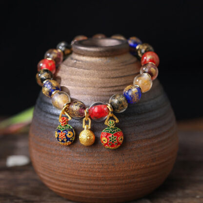 Gold Swallowing Beast Family Charm Gold Silver Foil Liuli Glass Bead Blessings Bracelet - 图片 5