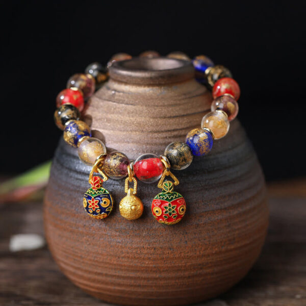 Gold Swallowing Beast Family Charm Gold Silver Foil Liuli Glass Bead Blessings Bracelet - 图片 5