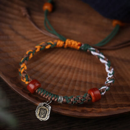 Handmade Tibetan Silver 925 Sterling Silver Zakiram Goddess of Wealth Camel Bone Protection Braided Bracelet - 图片 3