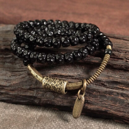 Retro Coconut Shell Copper Happiness Triple Wrap Bracelet - 图片 3