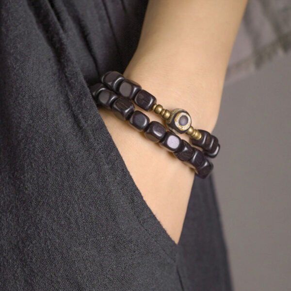 Buddha Stones Ebony Wood Dzi Bead Copper Peace Couple Bracelet - 图片 4