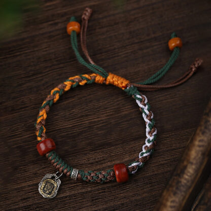 Handmade Tibetan Silver 925 Sterling Silver Zakiram Goddess of Wealth Camel Bone Protection Braided Bracelet - 图片 5