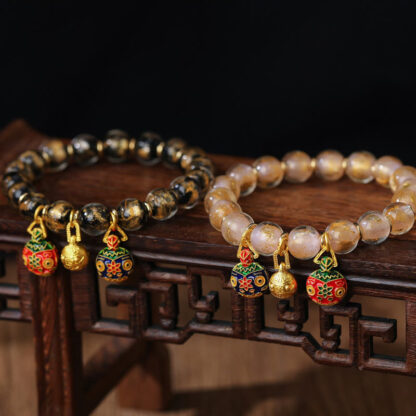 Gold Swallowing Beast Family Charm Gold Silver Foil Liuli Glass Bead Blessings Bracelet - 图片 7