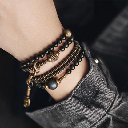 Buddha Stones Rainbow Obsidian Ebony Wood Copper Positive Multilayer Bracelet - 图片 12