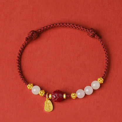24K Gold Plated Hetian White Jade Cinnabar Lotus Luck Rope Bracelet - 图片 2
