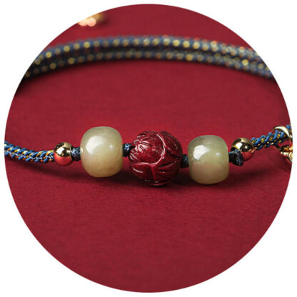 14K Gold Plated Hetian Jade Cinnabar Lotus Luck Handcrafted Rope Bracelet - 图片 10