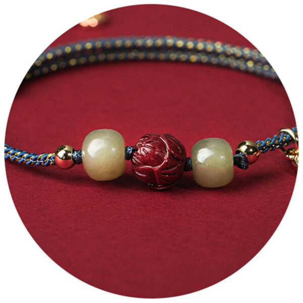 14K Gold Plated Hetian Jade Cinnabar Lotus Luck Handcrafted Rope Bracelet - 图片 10