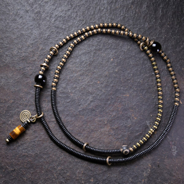Buddha Stones Ebony Wood Dzi Bead Copper Peace Couple Bracelet Necklace Pendant - 图片 2