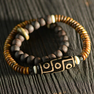 Tibetan Nine-Eye Dzi Bead Green Sandalwood Ebony Wood Peace Double Wrap Bracelet