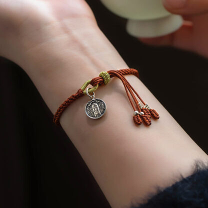 Handmade 925 Sterling Silver Five Directions Gods of Wealth Luck Protection String Braid Bracelet - 图片 5