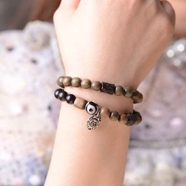 Tibetan Green Sandalwood Ebony Wood Three-eyed Dzi Bead Fu Character Balance Peace Double Wrap Bracelet - 图片 13