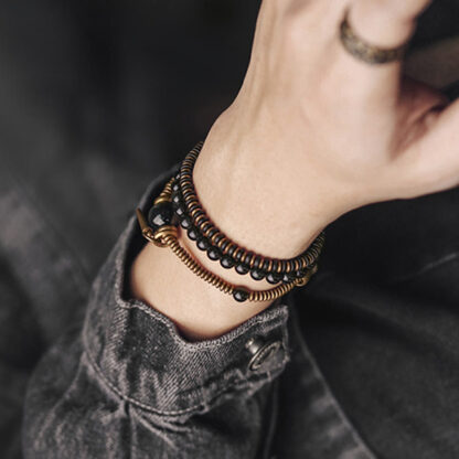 Buddha Stones Rainbow Obsidian Ebony Wood Copper Healing Triple Wrap Bracelet - 图片 9