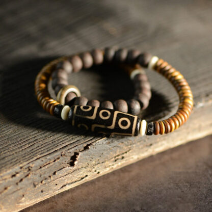 Tibetan Nine-Eye Dzi Bead Green Sandalwood Ebony Wood Peace Double Wrap Bracelet - 图片 4