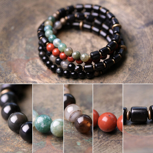 Buddha Stones Ebony Wood Red Jasper Moss Agate Crystal Copper Peace Couple Bracelet - 图片 15