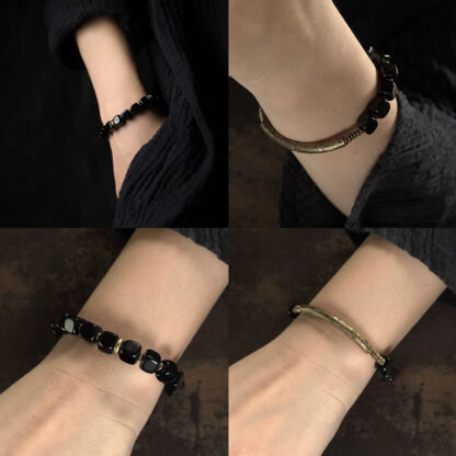 Buddha Stones Black Obsidian Crystal Copper Strength Couple Bracelet - 图片 11