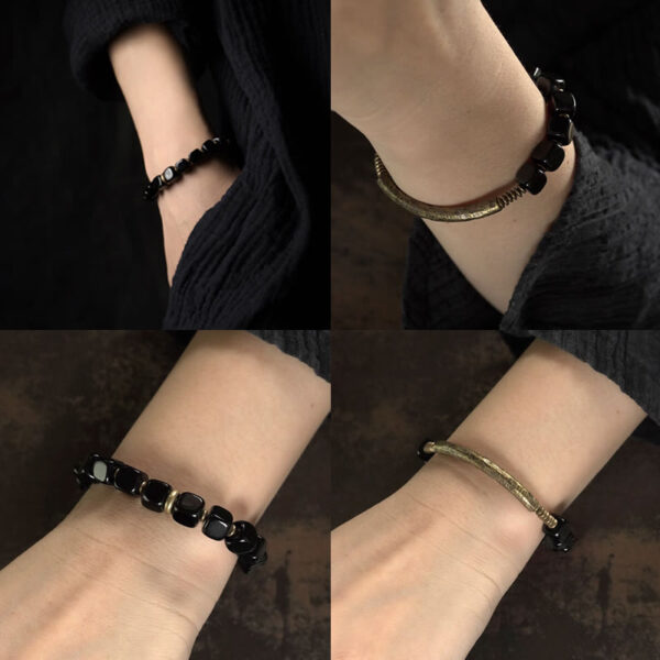 Buddha Stones Black Obsidian Crystal Copper Strength Couple Bracelet - 图片 11