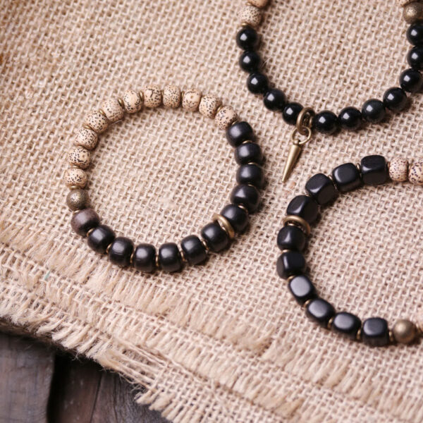 Buddha Stones Tibetan Bodhi Seed Black Obsidian Ebony Wood Copper Peace Bracelet - 图片 4