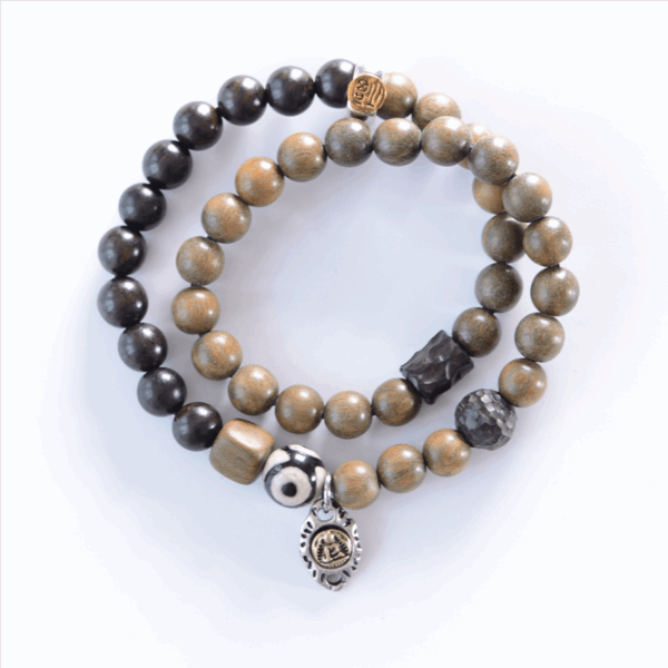 Tibetan Green Sandalwood Ebony Wood Three-eyed Dzi Bead Fu Character Balance Peace Double Wrap Bracelet - 图片 3
