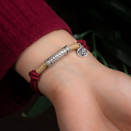 999 Sterling Silver Tibet Handmade Om Mani Padme Hum Fu Character TopRank Character Luck Braided Bracelet - 图片 3
