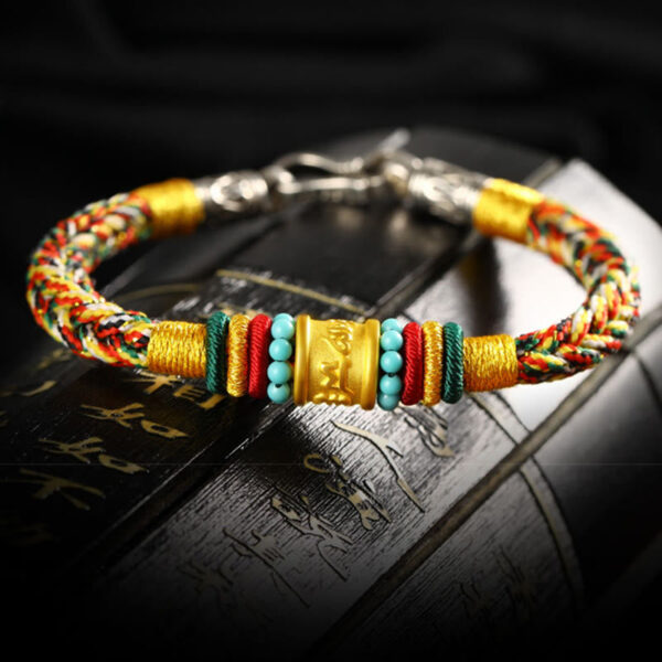 Buddha Stones Tibet 999 Gold Om Mani Padme Hum Handmade Eight Thread Peace Knot Luck Bracelet - 图片 12