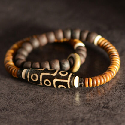 Tibetan Nine-Eye Dzi Bead Green Sandalwood Ebony Wood Peace Double Wrap Bracelet - 图片 2