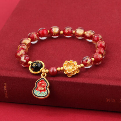 Tibet Om Mani Padme Hum Fu Character Gourd Charm Lotus Liuli Glass Bead Luck Bracelet - 图片 9