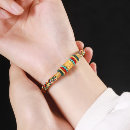 Buddha Stones Tibet 999 Gold Om Mani Padme Hum Handmade Eight Thread Peace Knot Luck Bracelet - 图片 2