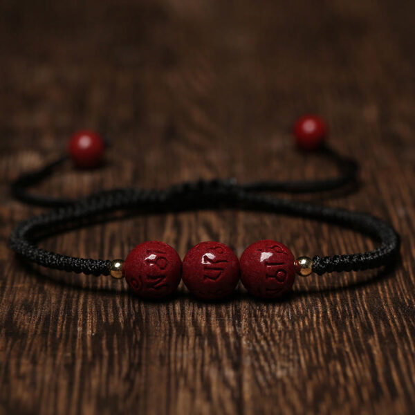 Handmade Cinnabar Om Mani Padme Hum Engraved Beads Blessing Braided Bracelet - 图片 7