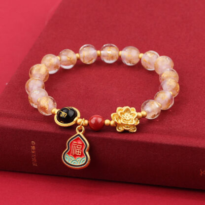 Tibet Om Mani Padme Hum Fu Character Gourd Charm Lotus Liuli Glass Bead Luck Bracelet - 图片 11