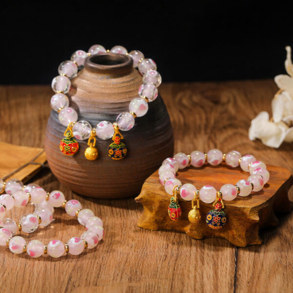 Gold Swallowing Beast Family Charm Luminous Pink Love Heart Fluorescent Liuli Glass Bead Blessings Bracelet - 图片 5