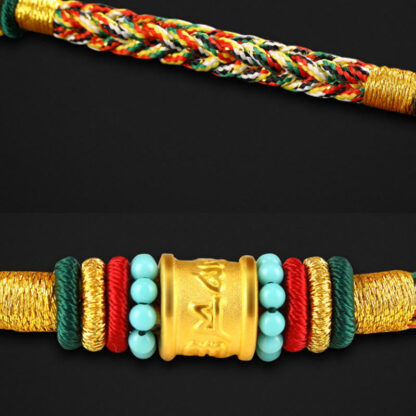 Buddha Stones Tibet 999 Gold Om Mani Padme Hum Handmade Eight Thread Peace Knot Luck Bracelet - 图片 4