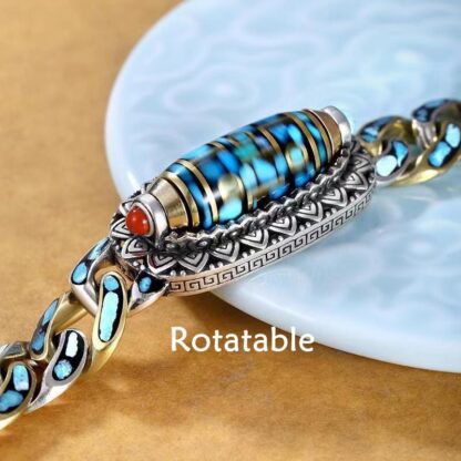 Buddha Stones Tibetan Nine-Eye Dzi Bead Om Mani Padme Hum Turquoise Protection Rotatable Bracelet - 图片 2