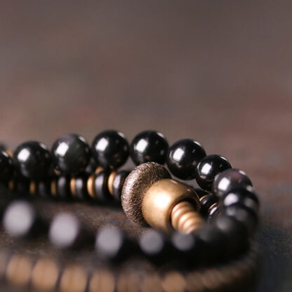 Buddha Stones Rainbow Obsidian Ebony Wood Copper Healing Triple Wrap Bracelet - 图片 3