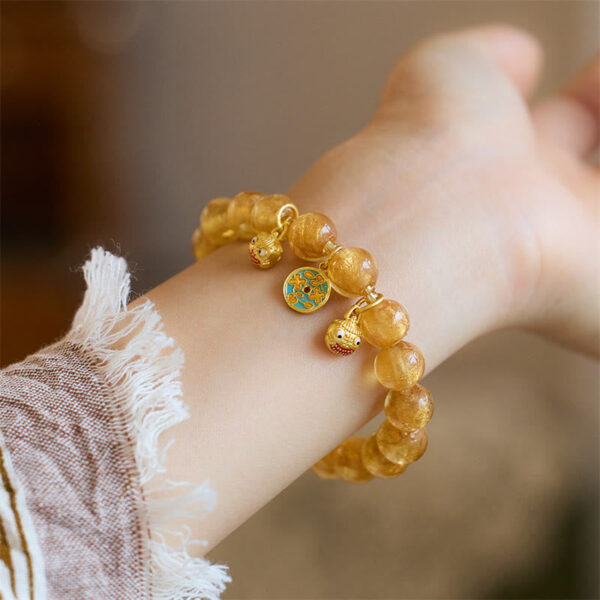 Gold Swallowing Beast Copper Coin Good Luck Charm Liuli Glass Bead Fortune Bracelet - 图片 12