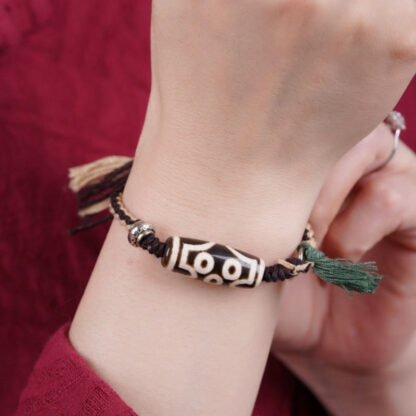 Handcrafted Tibetan Nine-Eye Dzi Bead Blessings Rope Bracelet - 图片 7