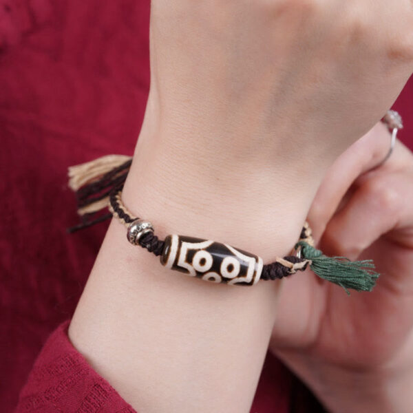 Handcrafted Tibetan Nine-Eye Dzi Bead Blessings Rope Bracelet - 图片 7