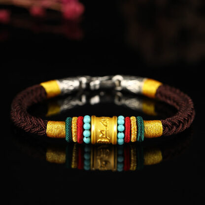 Buddha Stones Tibet 999 Gold Om Mani Padme Hum Handmade Eight Thread Peace Knot Luck Bracelet - 图片 17