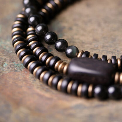 Buddha Stones Rainbow Obsidian Ebony Wood Copper Healing Triple Wrap Bracelet - 图片 13