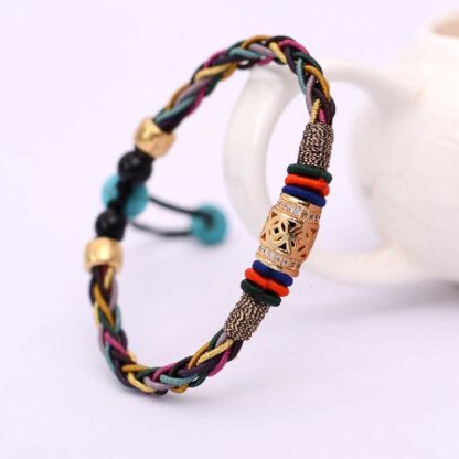 Buddha Stones Tibetan Handmade Eight Thread Knot Copper Coin Luck Weave String Bracelet - 图片 3
