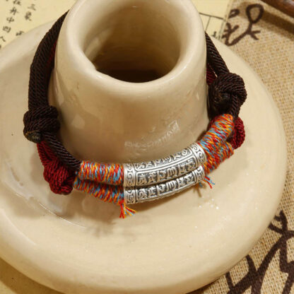 Handmade 999 Sterling Silver Om Mani Padme Hum Protection Rope Bracelet - 图片 6