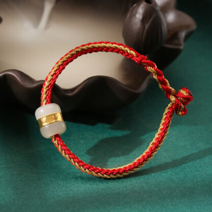 Buddha Stones 999 Gold Hetian White Jade Om Mani Padme Hum Fu Character Luck Braided Bracelet - 图片 3