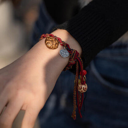 Buddha Stones Tibetan Handmade Colorful Thread 925 Sterling Silver Koi Fish Protection Strength String Bracelet - 图片 3
