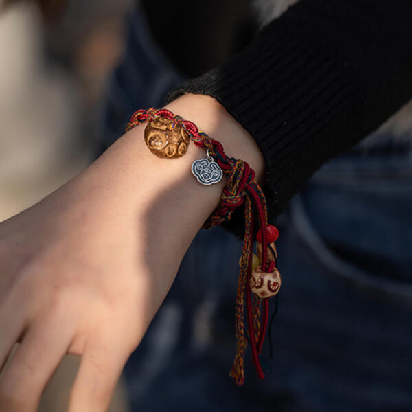 Buddha Stones Tibetan Handmade Colorful Thread 925 Sterling Silver Koi Fish Protection Strength String Bracelet - 图片 3