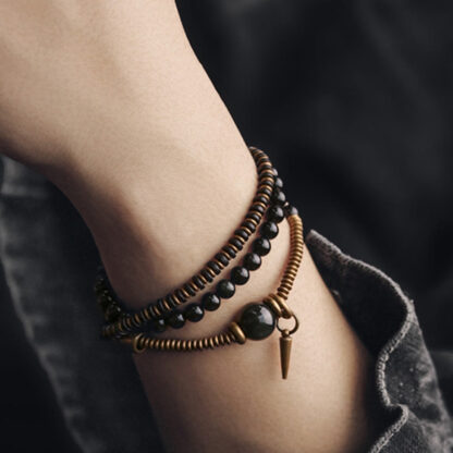 Buddha Stones Rainbow Obsidian Ebony Wood Copper Healing Triple Wrap Bracelet - 图片 5