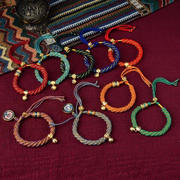 Buddha Stones Tibetan Handmade Luck Protection Thangka Prayer Wheel Bell Charm Braid String Bracelet - 图片 2