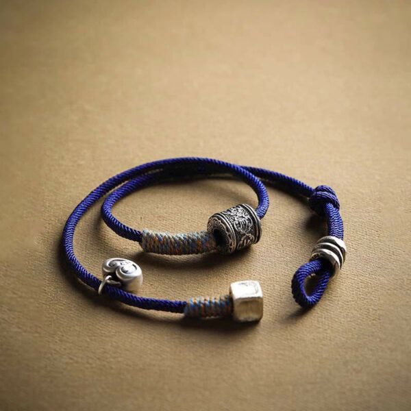 Handmade Tibetan Om Mani Padme Hum Carved Auspicious Amulet Double Wrap Rope Bracelet - 图片 2