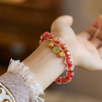 Gold Swallowing Beast Copper Coin Good Luck Charm Liuli Glass Bead Fortune Bracelet - 图片 7