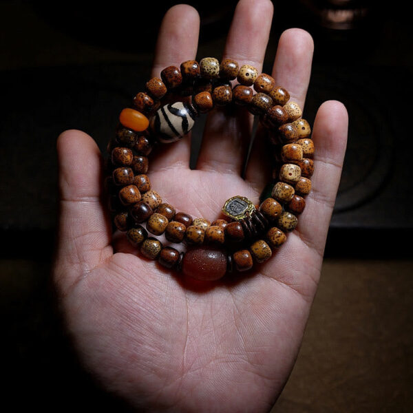 Tibetan Bodhi Seed Amber Dzi Bead Agate Zakiram Goddess of Wealth Beads Triple Wrap Bracelet - 图片 3