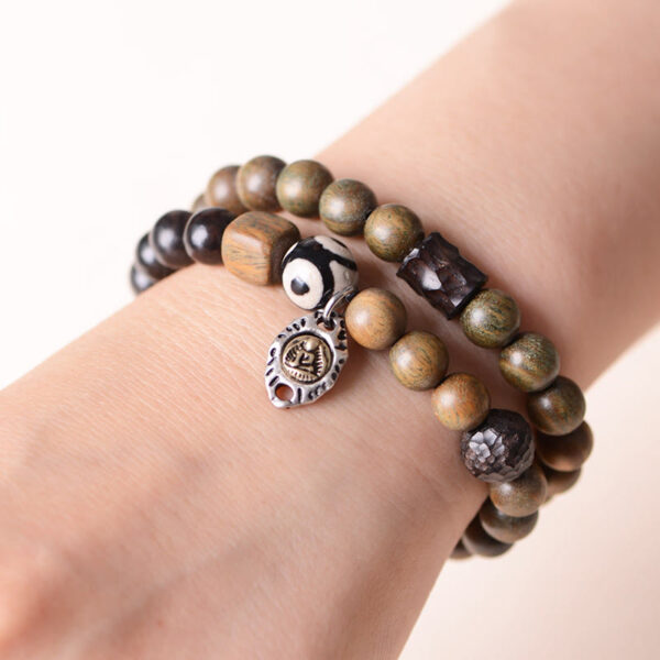 Tibetan Green Sandalwood Ebony Wood Three-eyed Dzi Bead Fu Character Balance Peace Double Wrap Bracelet - 图片 6